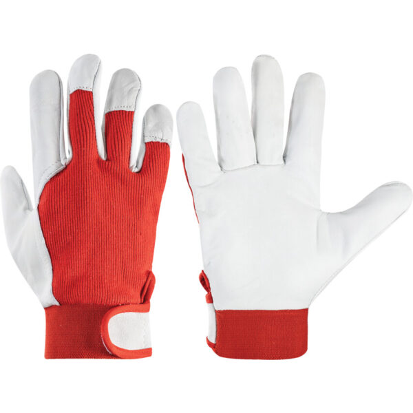 Goatskin Leather Work Gloves, Cotton Liner, Red/White, Size 8
