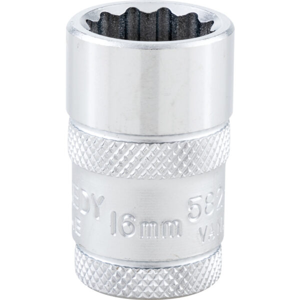 1/2in. Drive, Standard Bi-Hexagon Socket, 16mm, Metric, Polished Finish