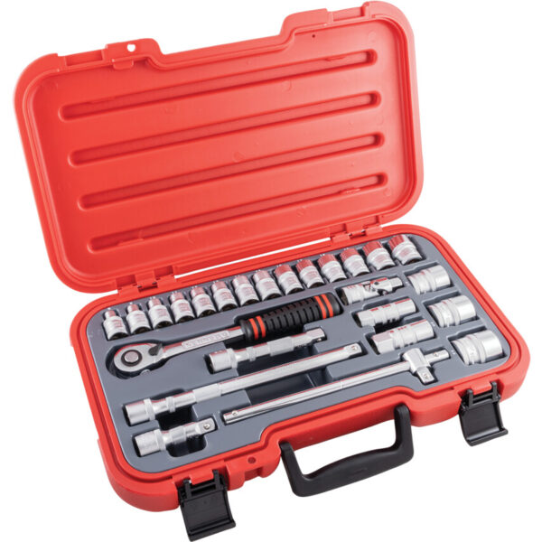 1/2in. Drive, Socket Set, Metric, 8mm - 32mm, Set of 25, Chromed Finish